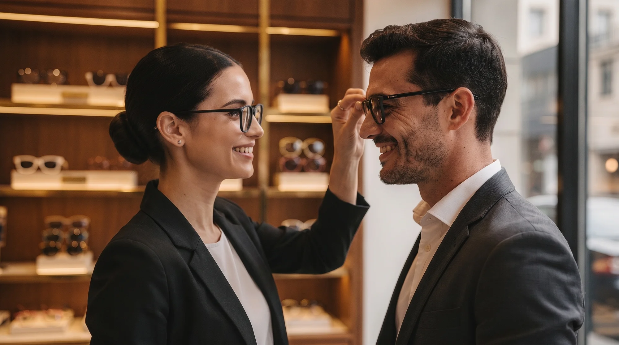 An optician adjusting a customer's glasses