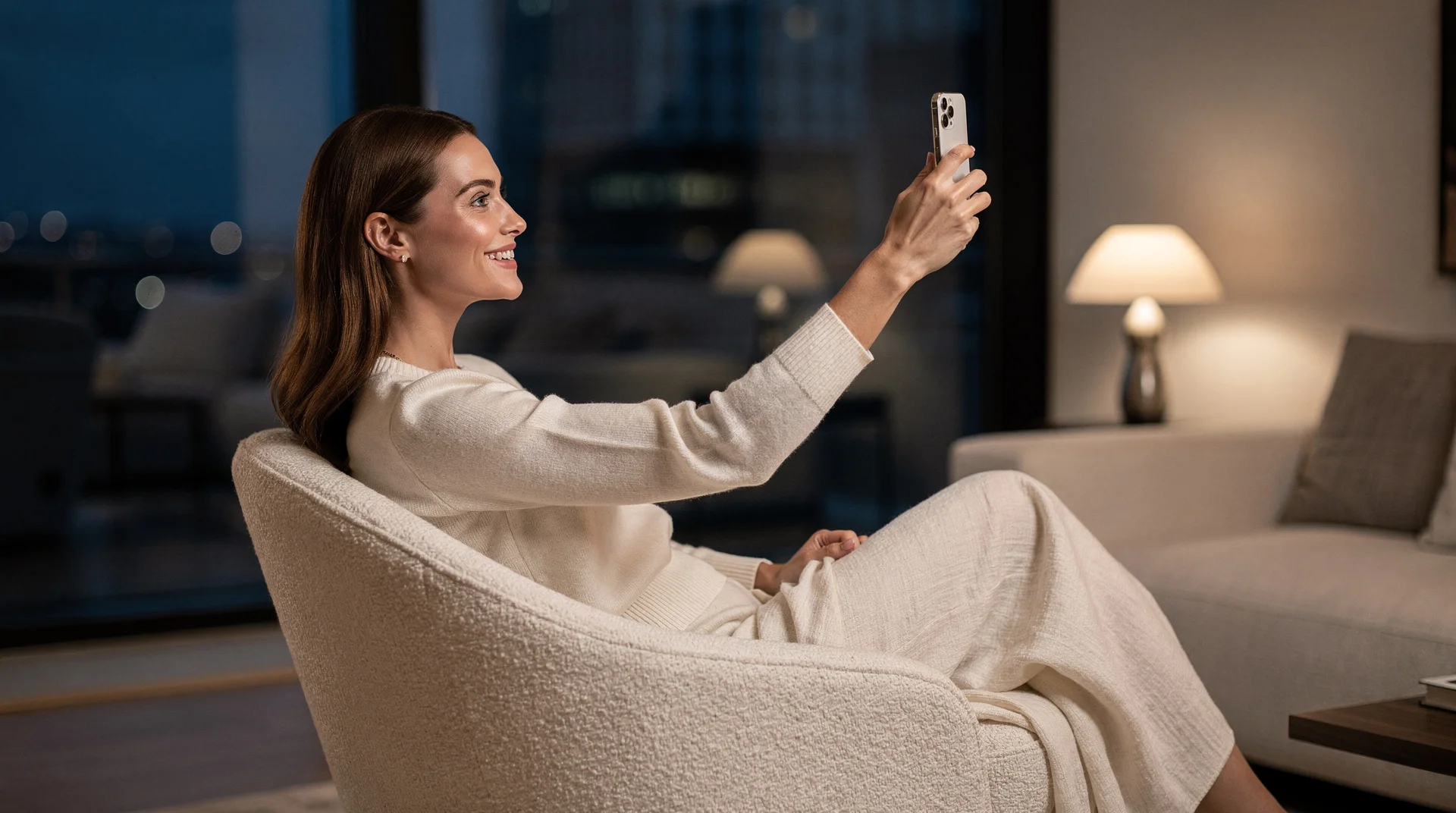 A woman trying on glasses on her phone in the evening