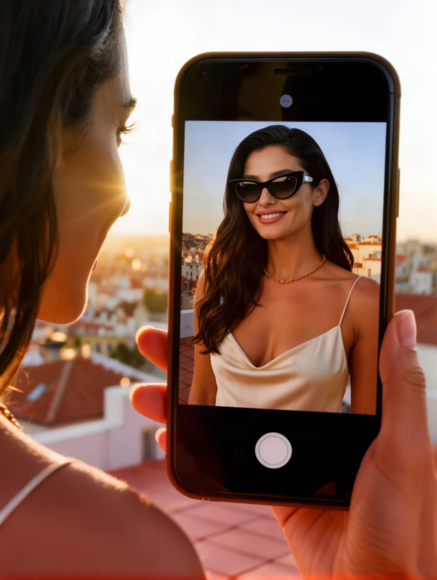 Woman on a rooftop looking at her phone, which shows her wearing sunglasses