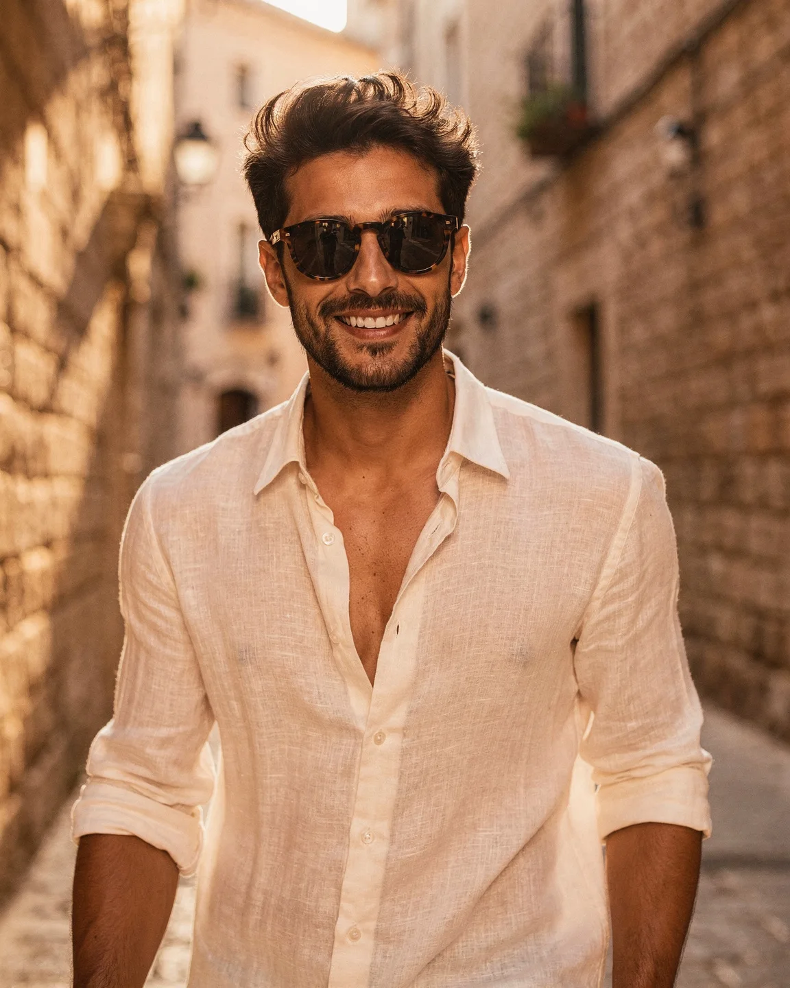 Man in tortoiseshell sunglasses in an old-town street