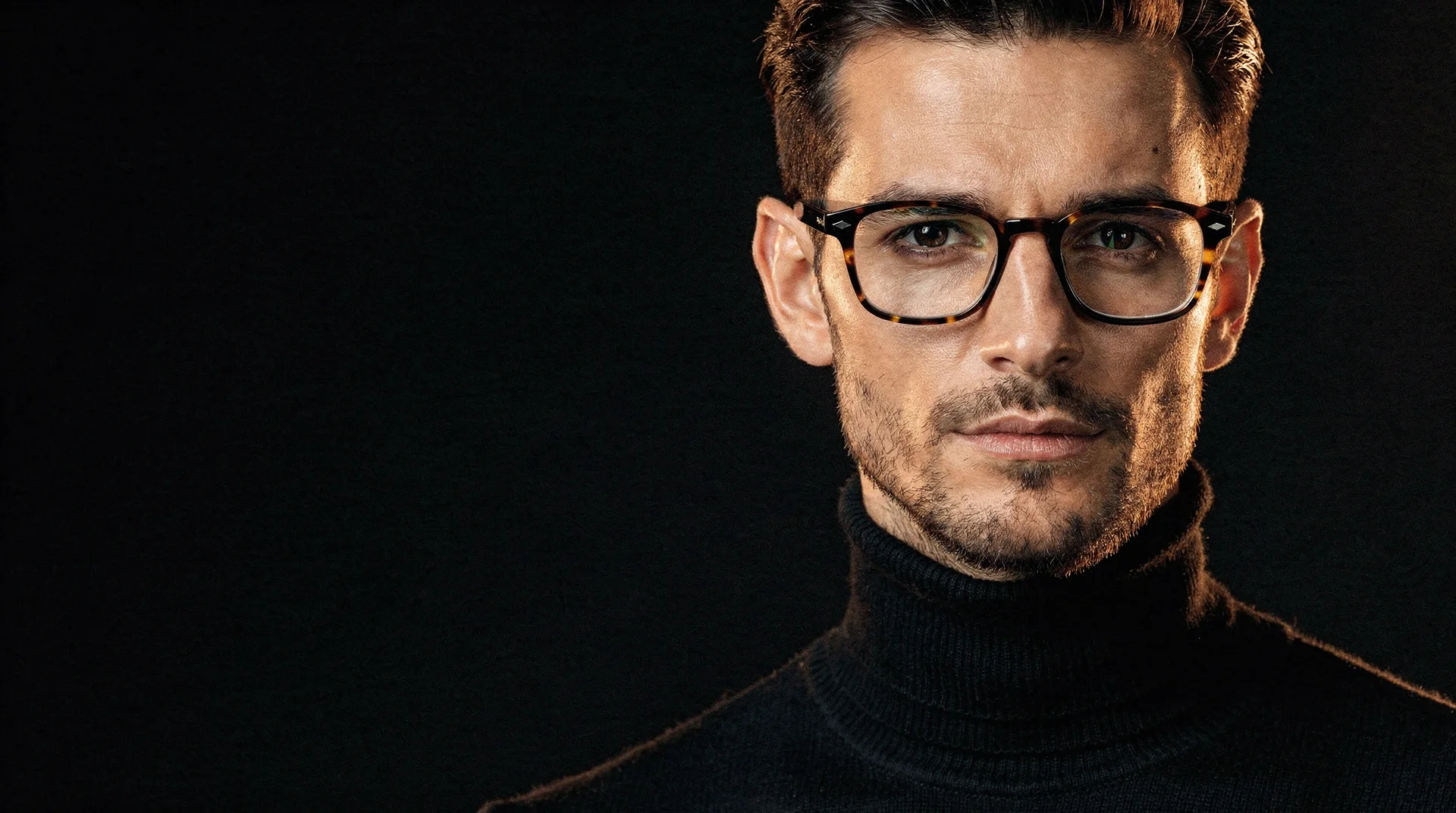 Man in tortoiseshell glasses on black