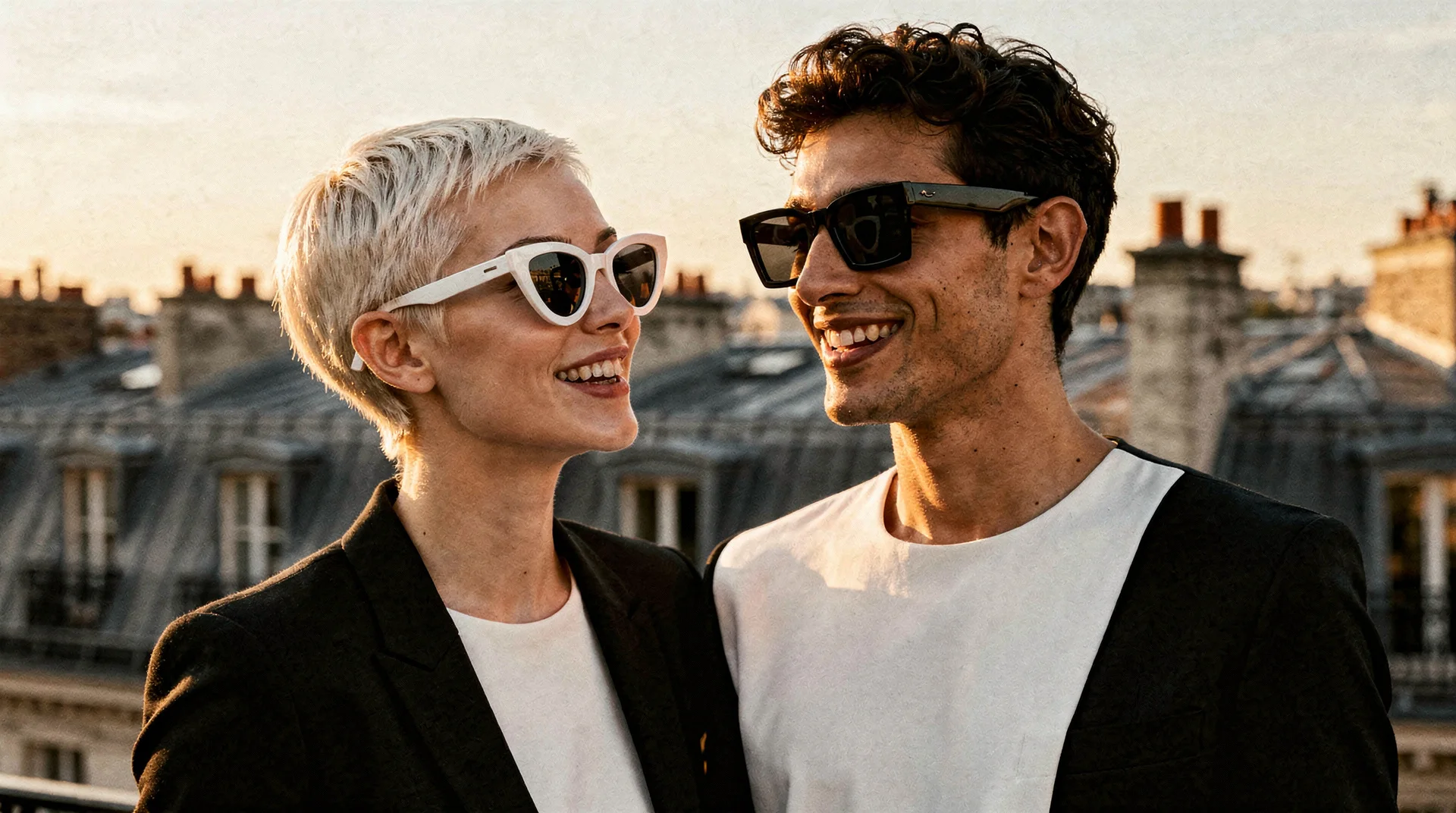 Two friends in sunglasses on a Paris rooftop