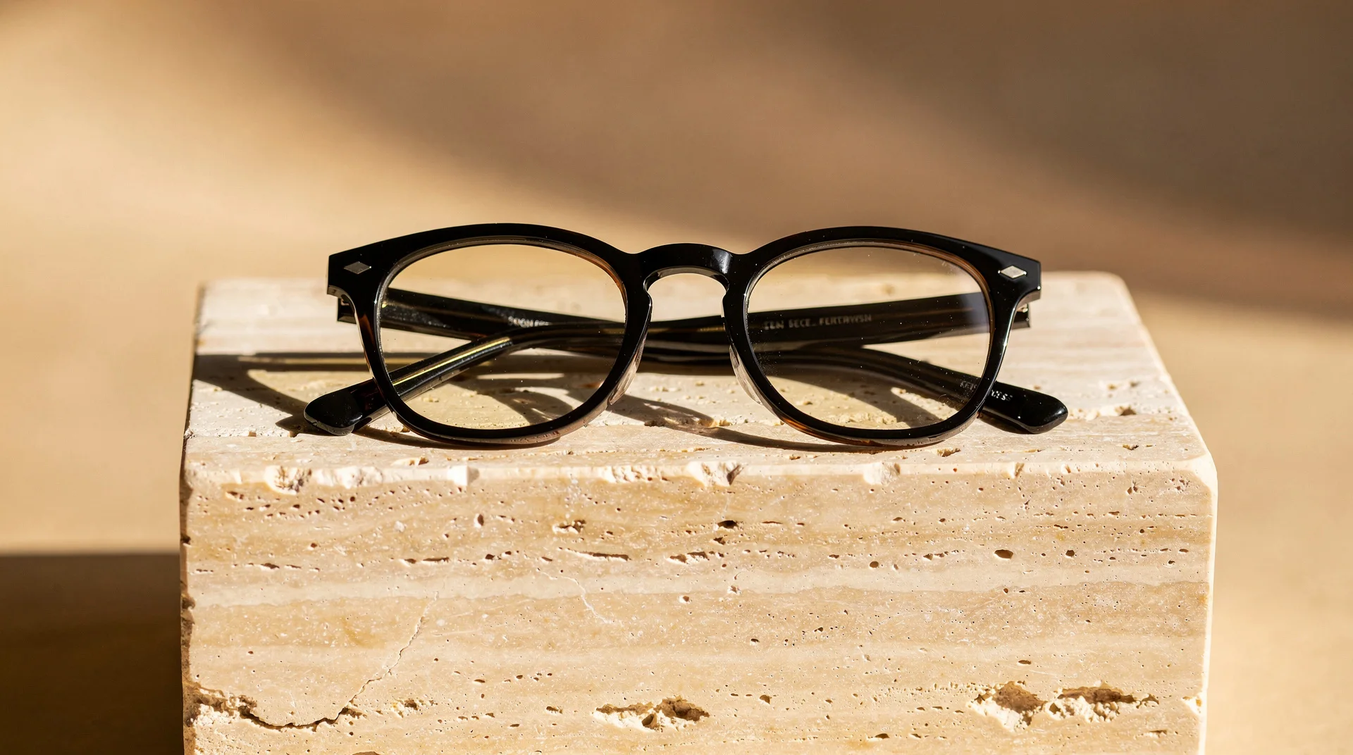 Black acetate glasses on travertine in hard sunlight