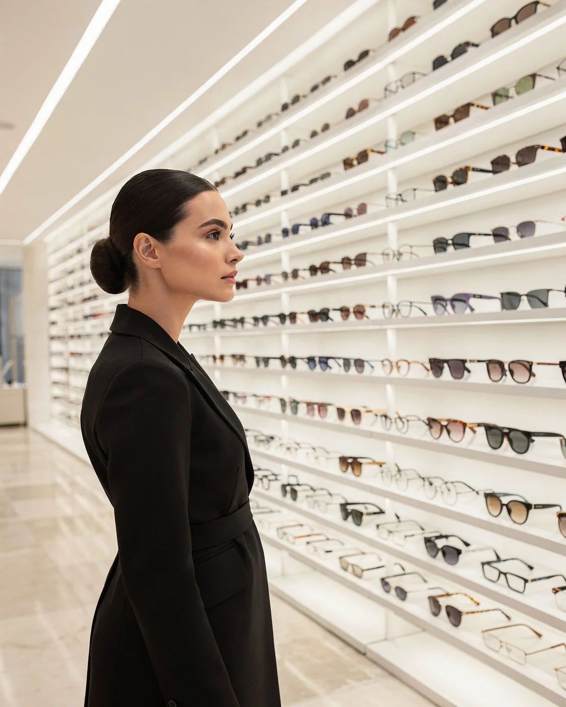 A woman looking along an endless wall of eyeglasses
